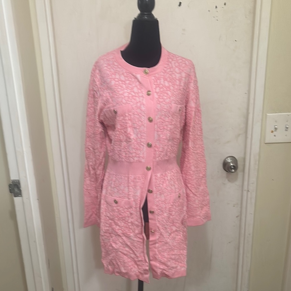 Chanel Pink Textured Cardigan dress with Gold Buttons NWT